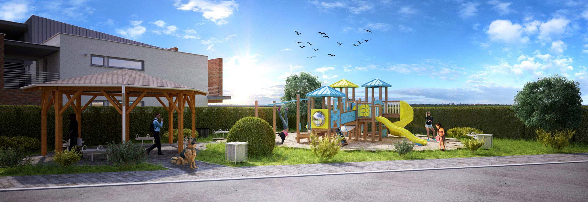 Zeleň, pobehujúce deti, šum prírody...